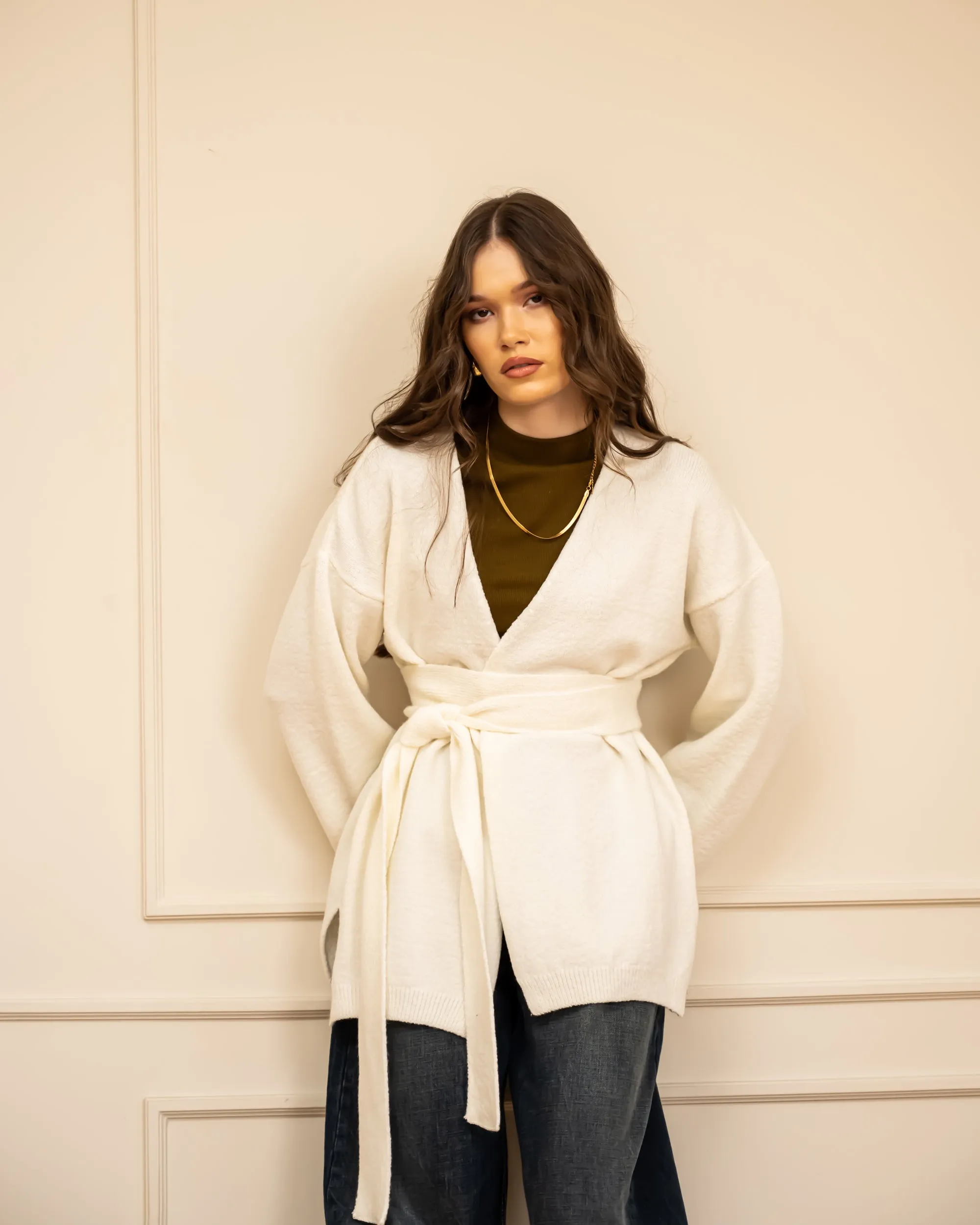 WITH BELT WOOL CARDIGAN-OFF WHITE