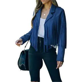 Women's Blue Suede Tassel Lapel Cropped Motorcycle Jacket – Trendy & Chic