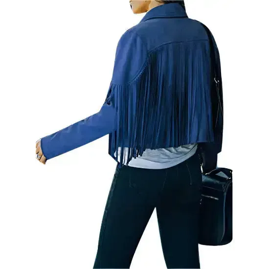 Women's Blue Suede Tassel Lapel Cropped Motorcycle Jacket – Trendy & Chic