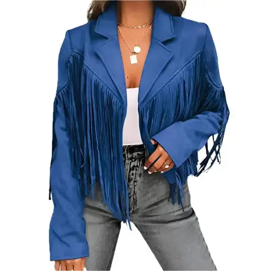Women's Blue Suede Tassel Lapel Cropped Motorcycle Jacket – Trendy & Chic